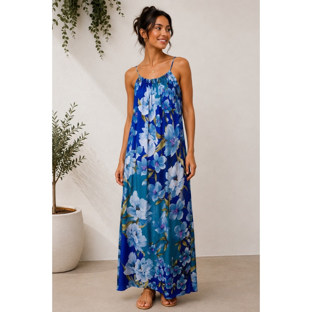 Gottex Blue Floral Maxi Dress‎ Halter Neck Resort Wear 24BR315 Womens S/M